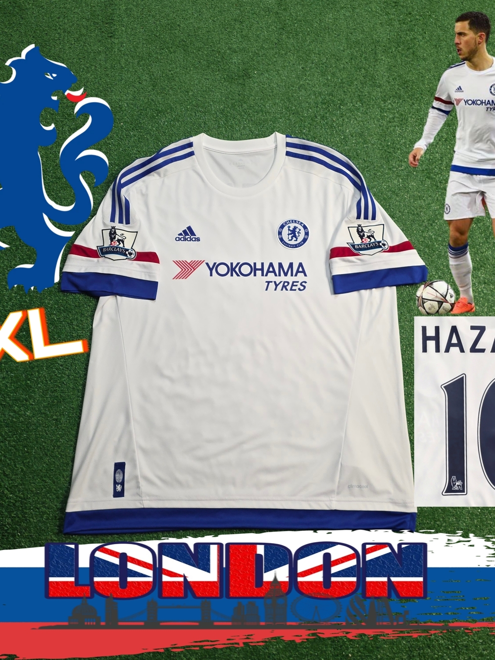 Adidas Chelsea FC Eden Hazard #10 2015/2016 Away White Jersey Rare XXL EPL Patch